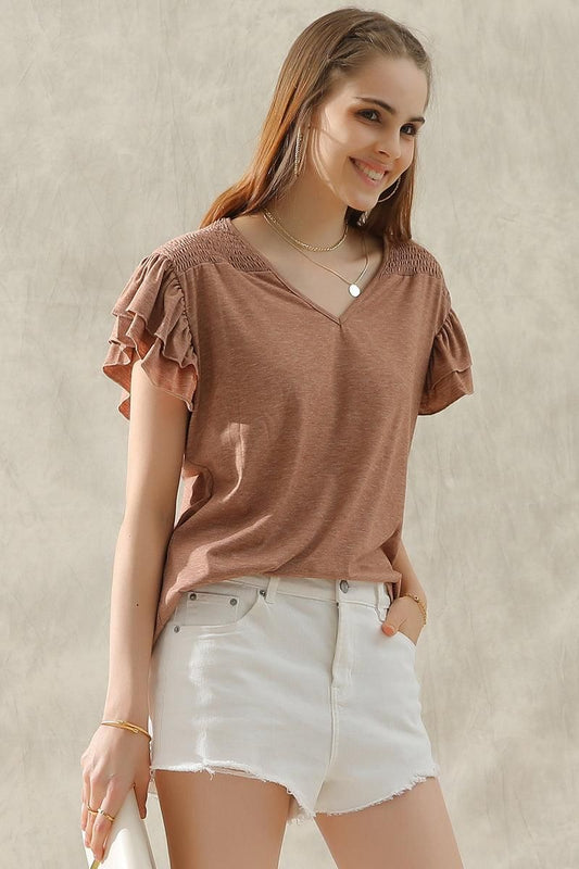 SMOKED SHOULDER RUFFLED SHORT SLEEVE TEE - Doublju