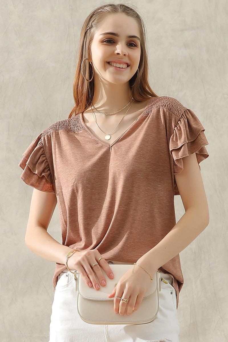 SMOKED SHOULDER RUFFLED SHORT SLEEVE TEE - Doublju