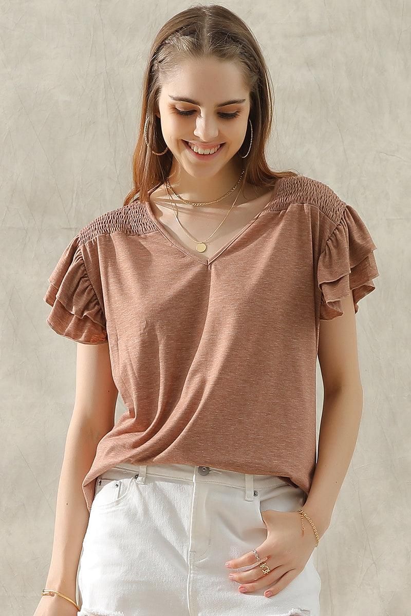 SMOKED SHOULDER RUFFLED SHORT SLEEVE TEE - Doublju