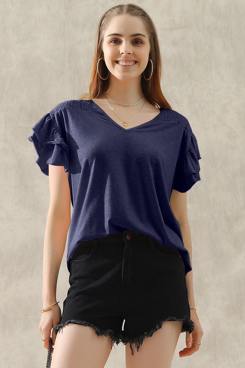 SMOKED SHOULDER RUFFLED SHORT SLEEVE TEE - Doublju