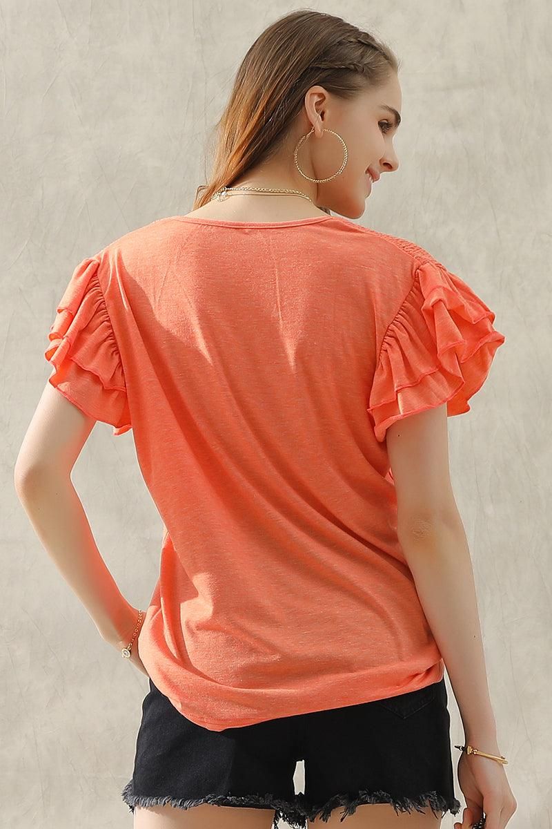 SMOKED SHOULDER RUFFLED SHORT SLEEVE TEE - Doublju