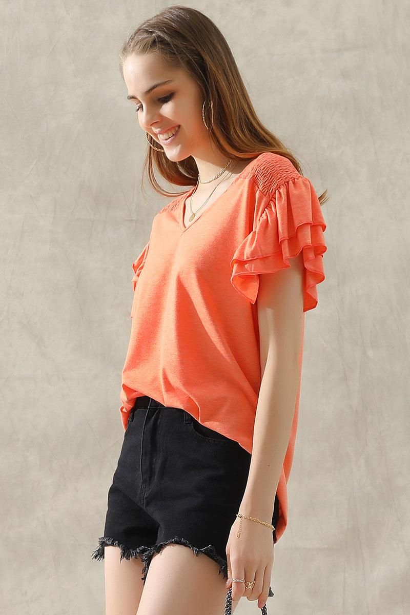 SMOKED SHOULDER RUFFLED SHORT SLEEVE TEE - Doublju