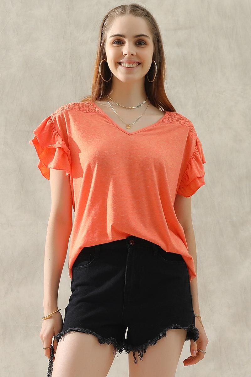 SMOKED SHOULDER RUFFLED SHORT SLEEVE TEE - Doublju