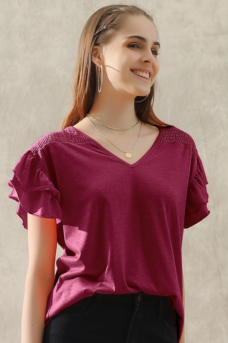 SMOKED SHOULDER RUFFLED SHORT SLEEVE TEE - Doublju