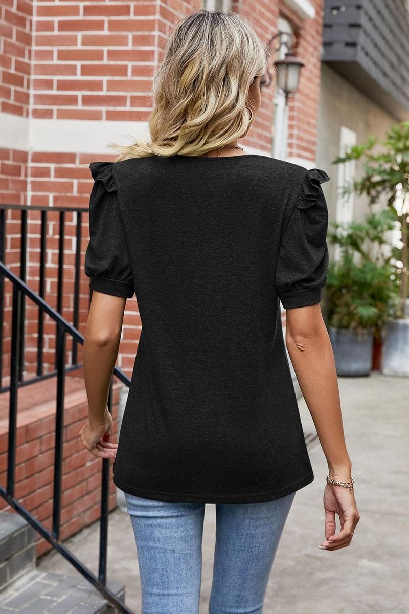 LACE CAP PUFF SHORT SLEEVE DEEP V NECK TEE - Doublju