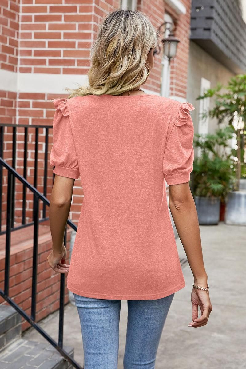 LACE CAP PUFF SHORT SLEEVE DEEP V NECK TEE - Doublju