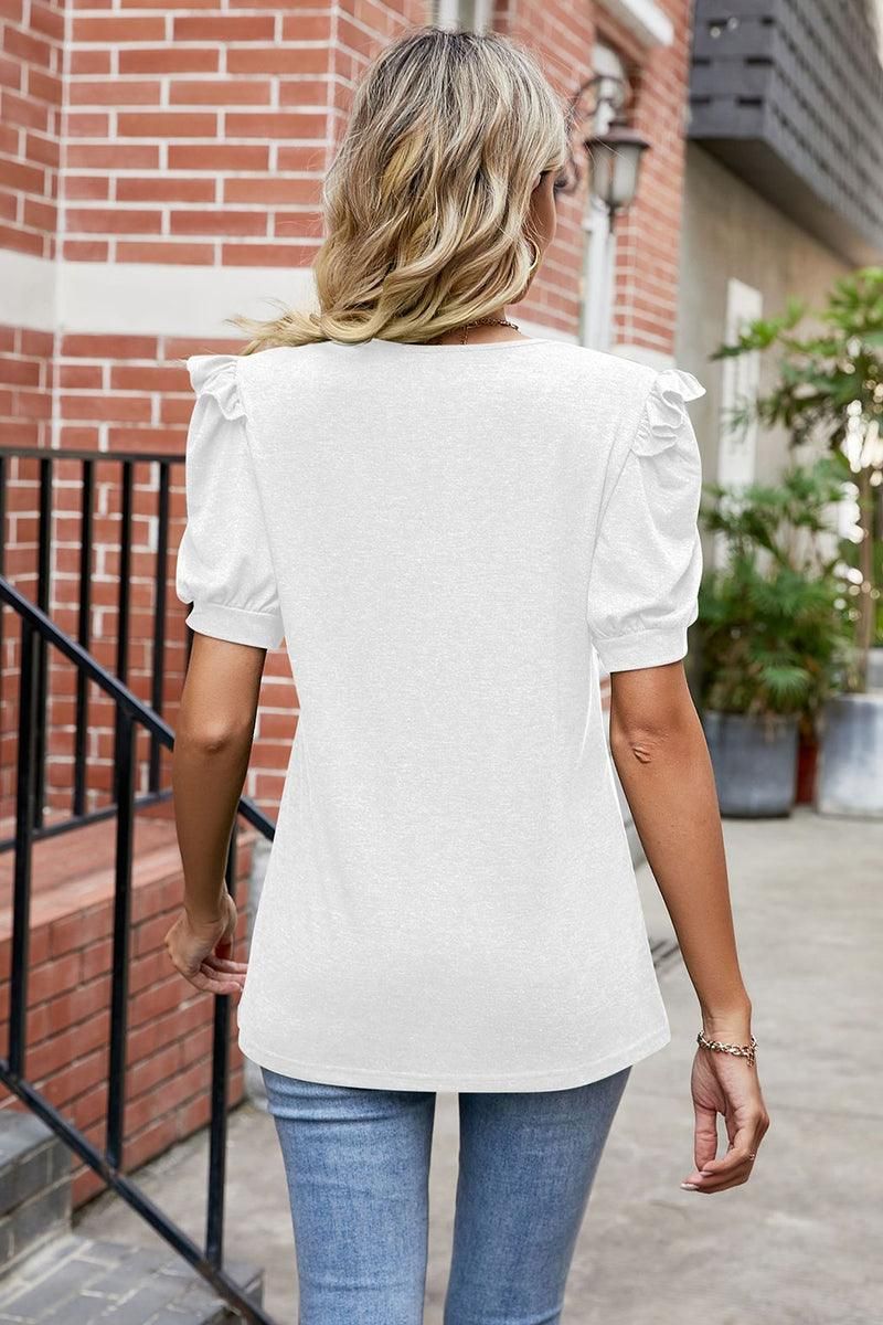 LACE CAP PUFF SHORT SLEEVE DEEP V NECK TEE - Doublju