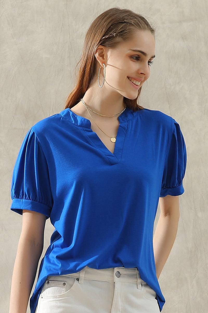 SIMPLE V NECK LOOSE SHORT PUFF SLEEVE TEE - Doublju