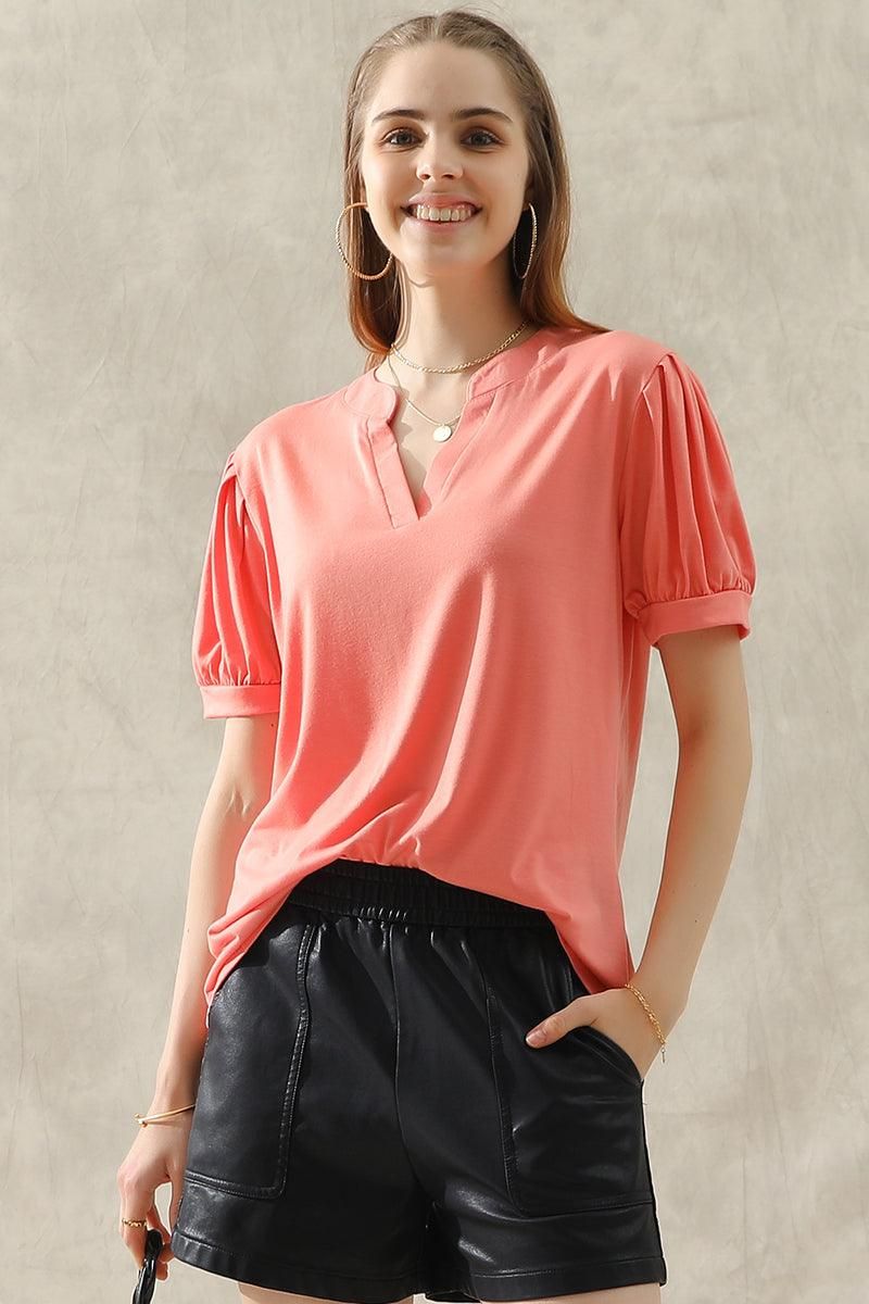 SIMPLE V NECK LOOSE SHORT PUFF SLEEVE TEE - Doublju