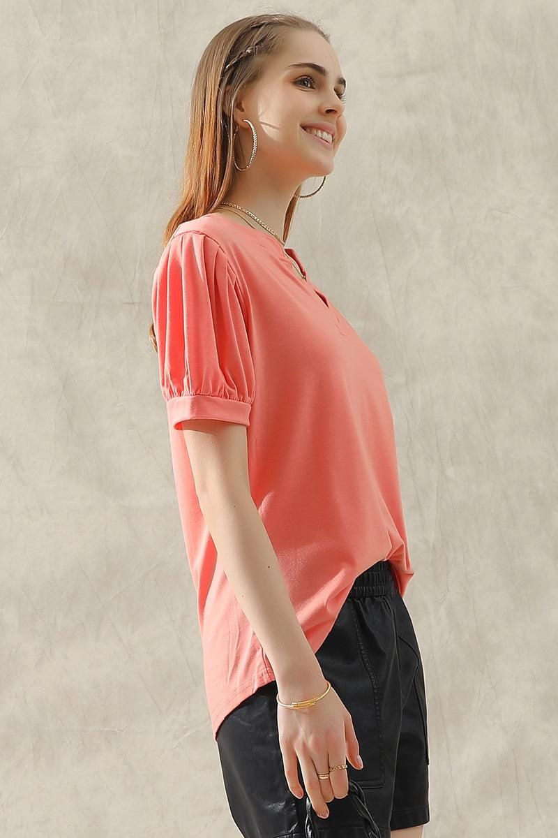 SIMPLE V NECK LOOSE SHORT PUFF SLEEVE TEE - Doublju