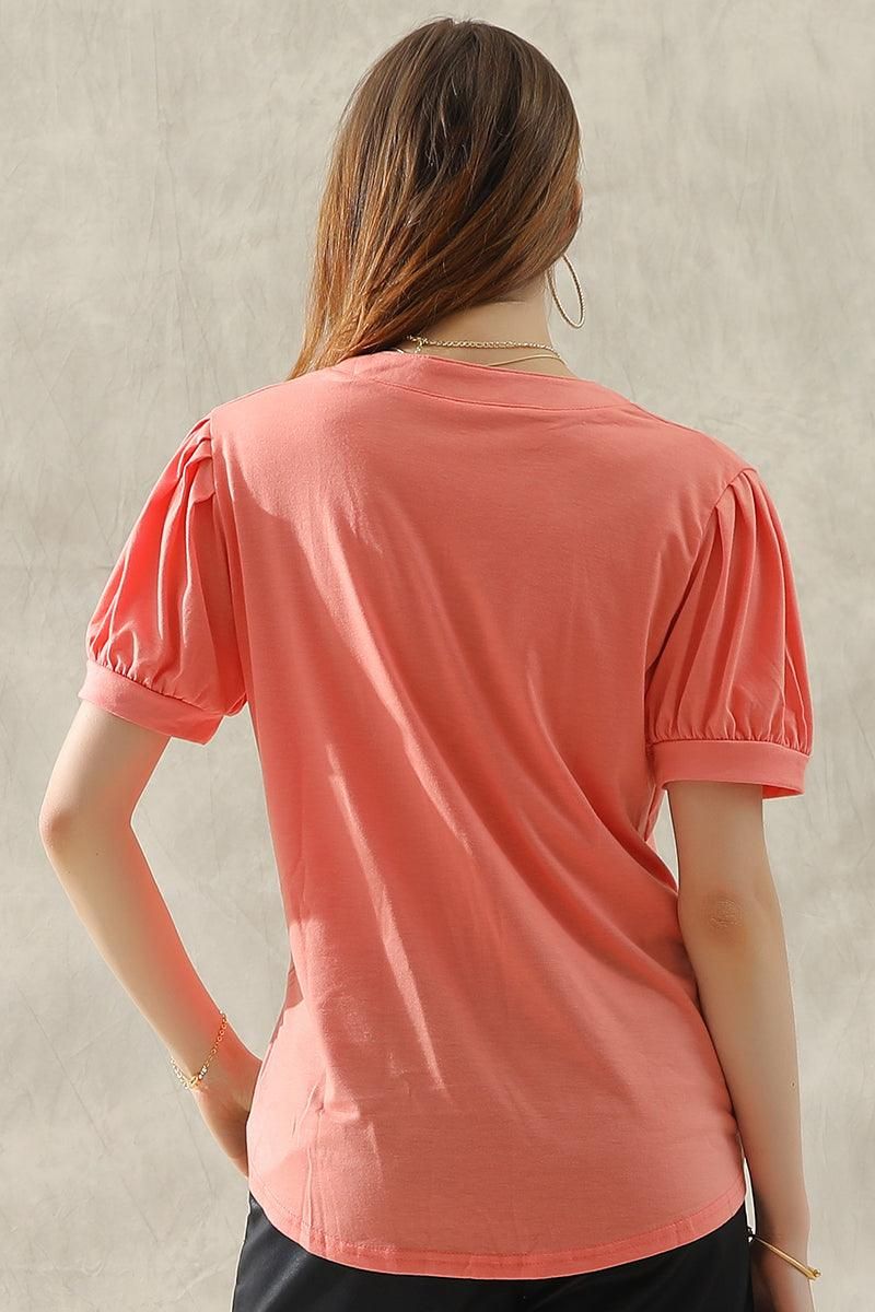 SIMPLE V NECK LOOSE SHORT PUFF SLEEVE TEE - Doublju