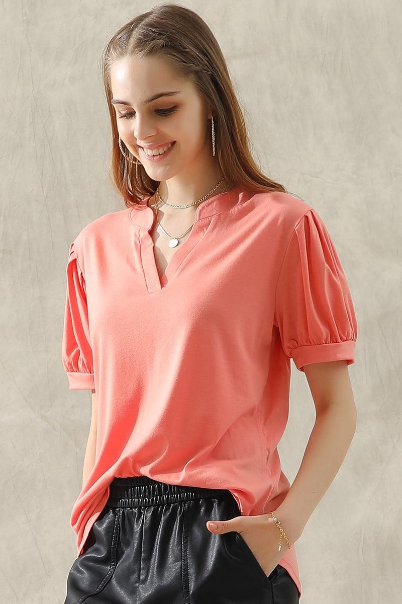 SIMPLE V NECK LOOSE SHORT PUFF SLEEVE TEE - Doublju