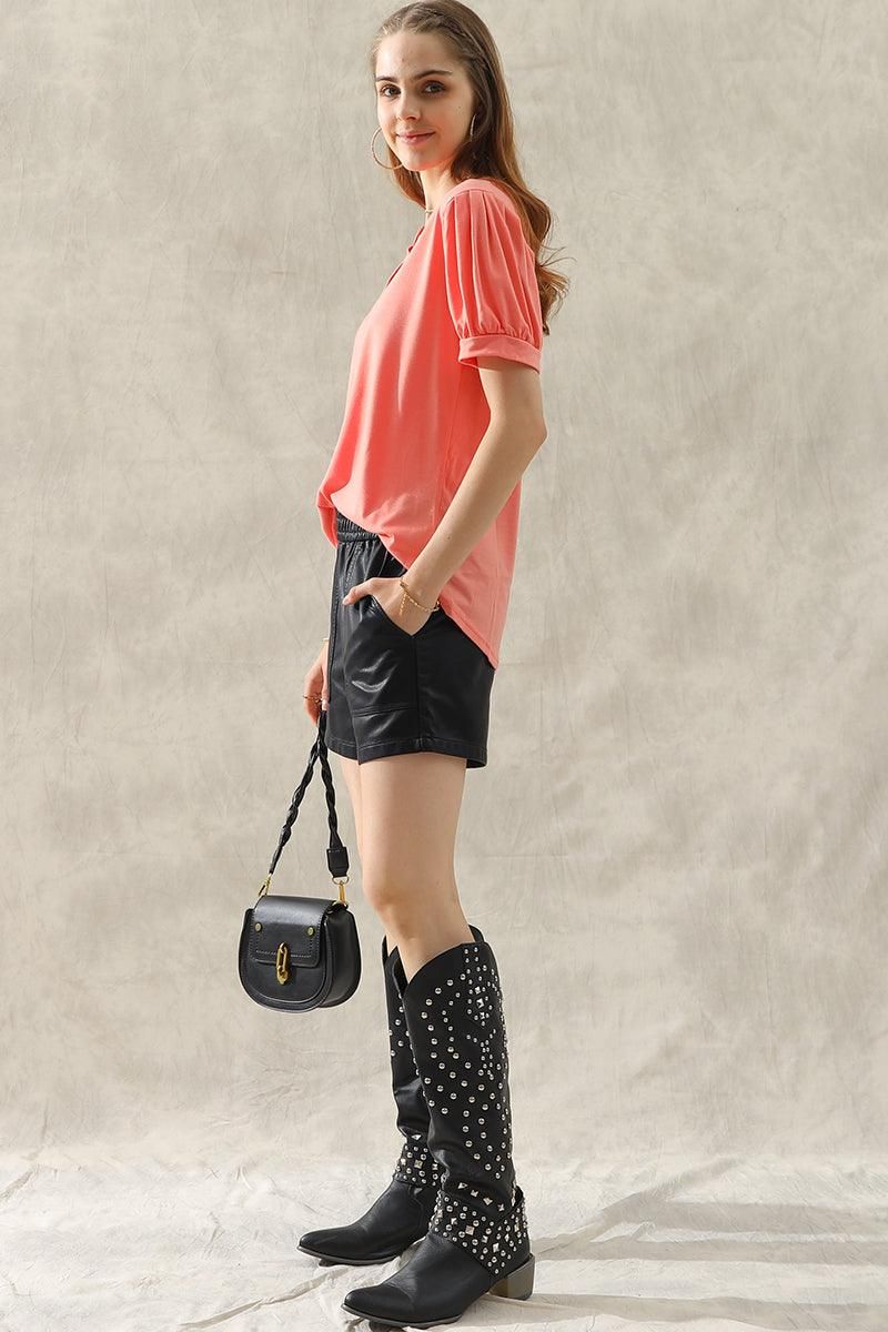 SIMPLE V NECK LOOSE SHORT PUFF SLEEVE TEE - Doublju