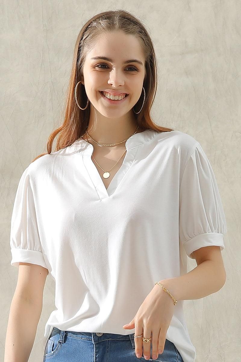 SIMPLE V NECK LOOSE SHORT PUFF SLEEVE TEE - Doublju
