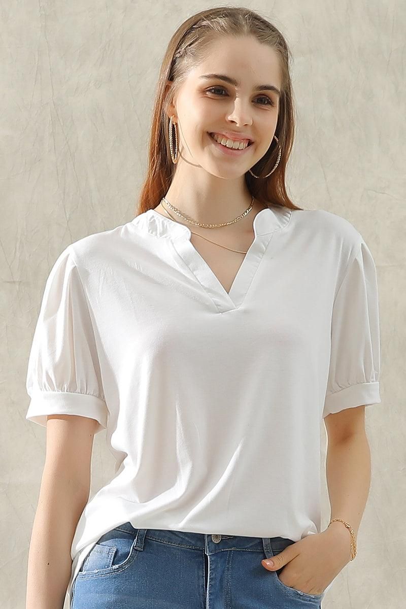 SIMPLE V NECK LOOSE SHORT PUFF SLEEVE TEE - Doublju