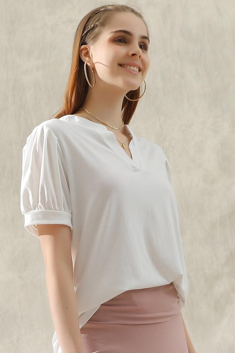 SIMPLE V NECK LOOSE SHORT PUFF SLEEVE TEE - Doublju
