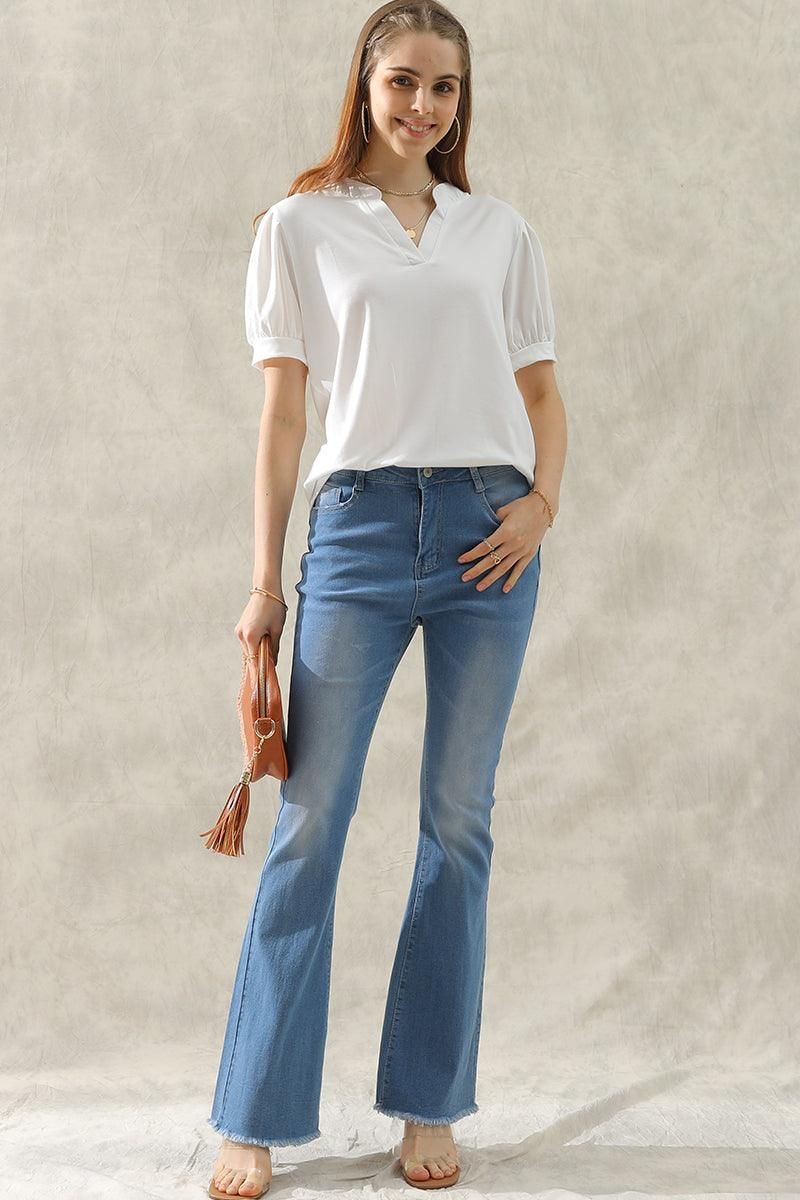 SIMPLE V NECK LOOSE SHORT PUFF SLEEVE TEE - Doublju