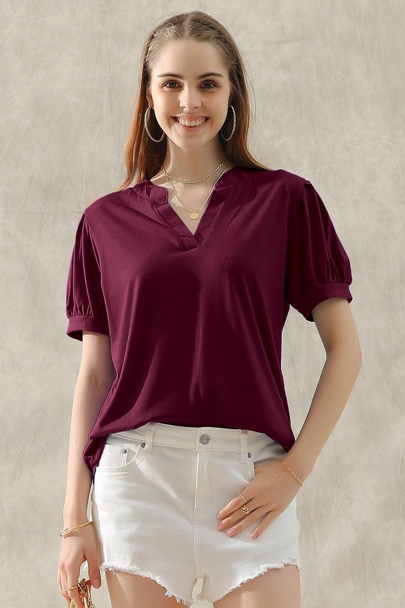 SIMPLE V NECK LOOSE SHORT PUFF SLEEVE TEE - Doublju