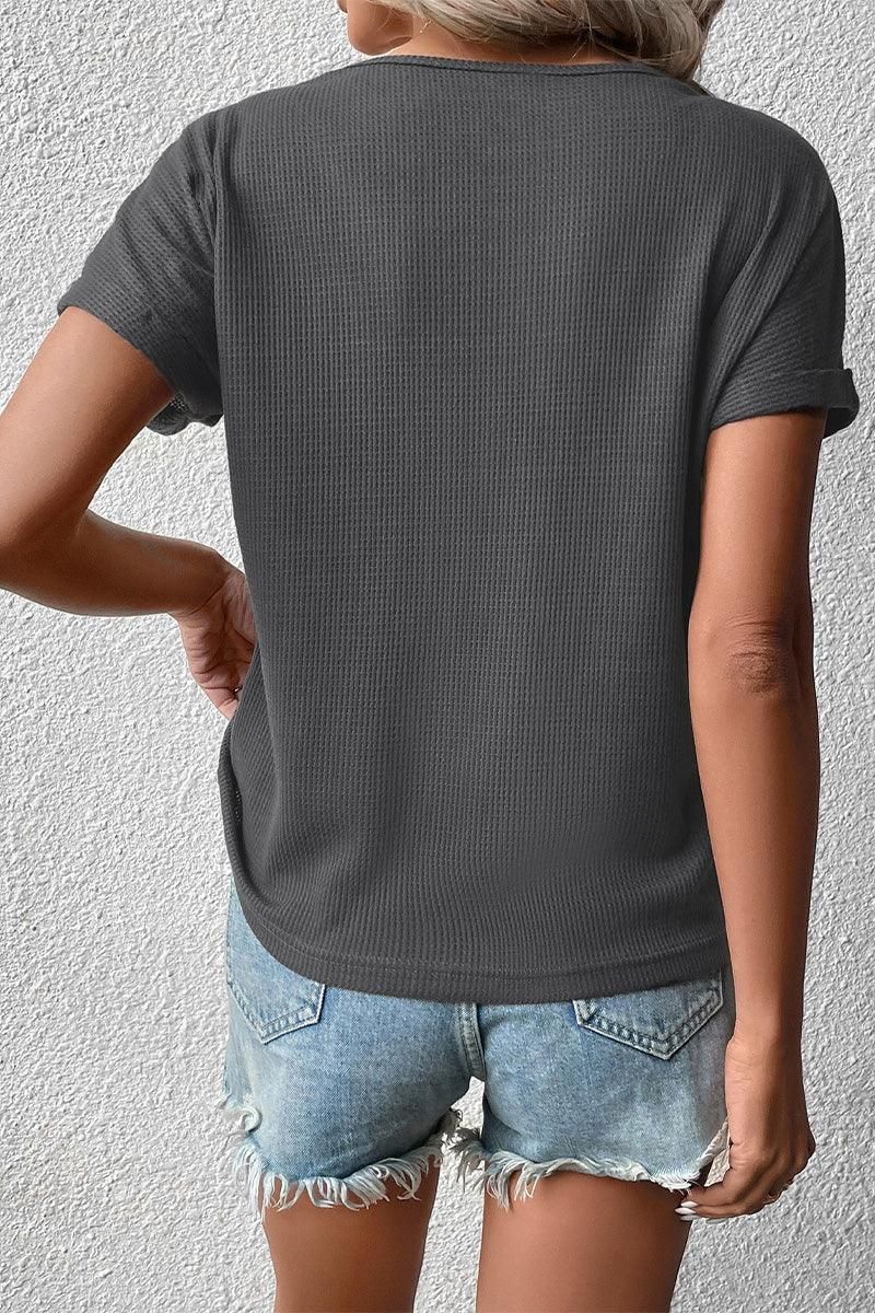 ROLL UP CROSS LINE V NECK WAFFLE KNIT TOP - Doublju