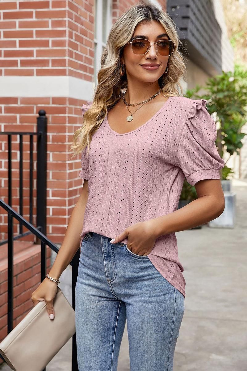 ROUND NECK RUFFLED PUFF SLEEVE EYELET T SHIRTS - Doublju