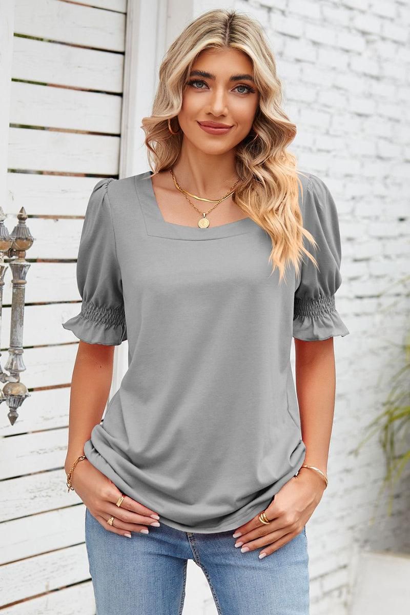 SQUARE NECK RUFFLED SHORT SLEEVE WOMEN T SHIRTS - Doublju