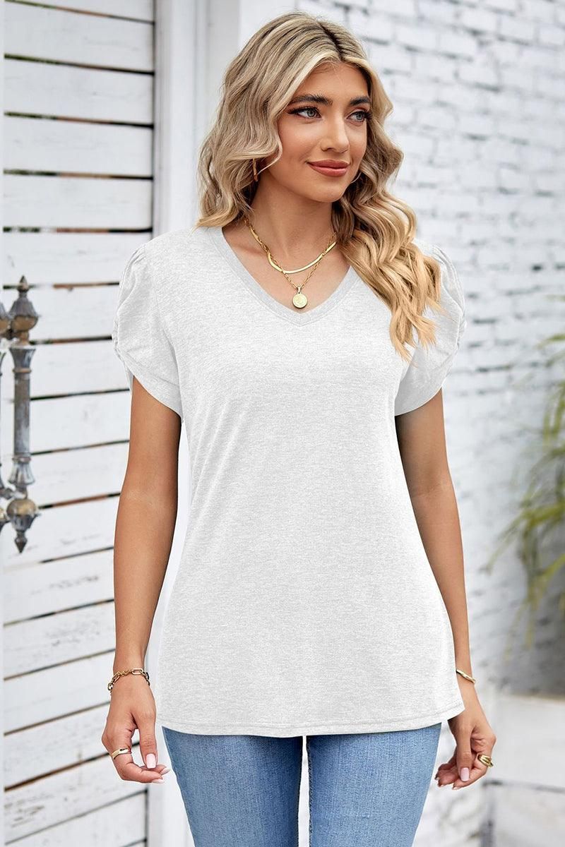 DRAPED PUFF SLEEVE WOMEN DAILY T SHIRTS - Doublju