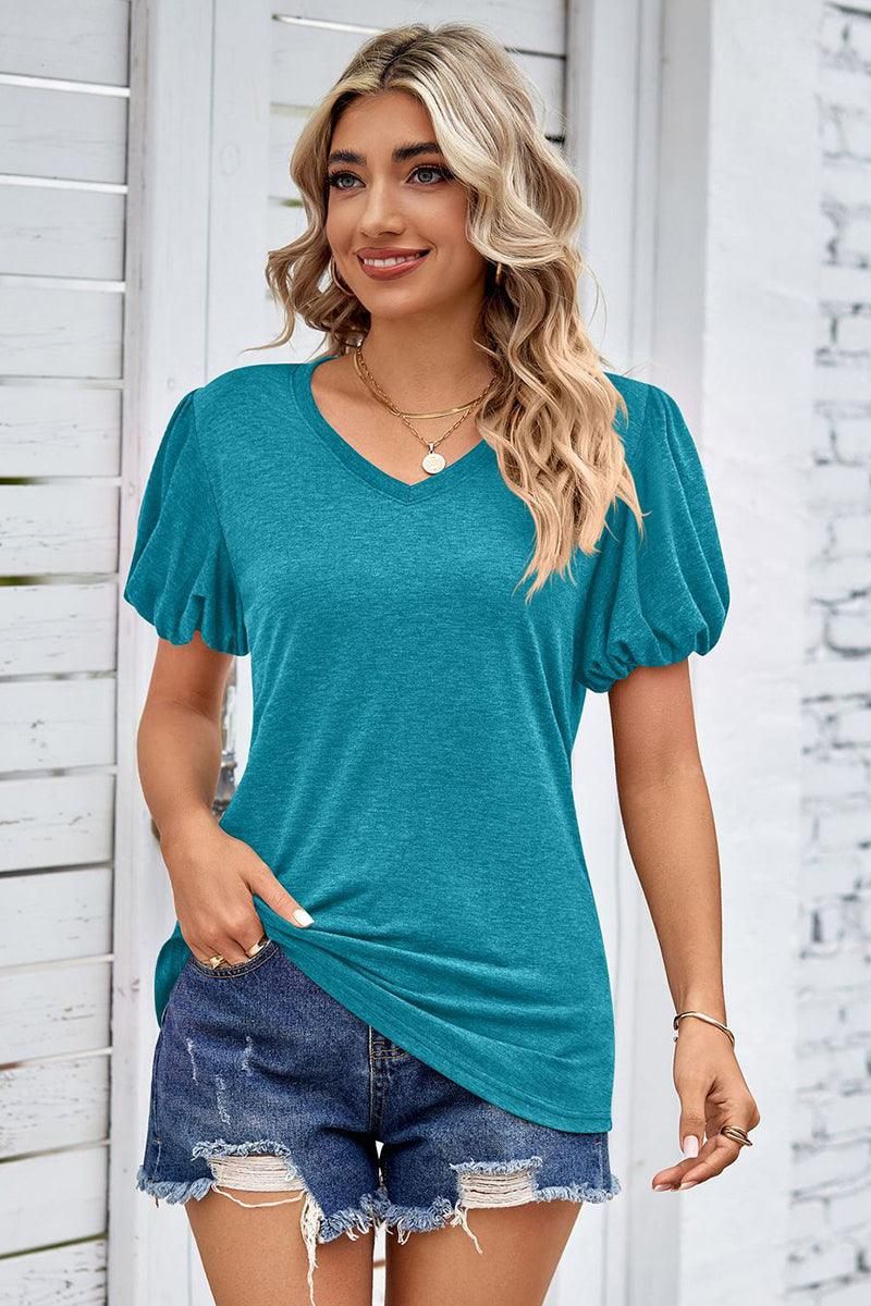 PUFF SLEEVED WOMEN BASIC T SHIRTS - Doublju