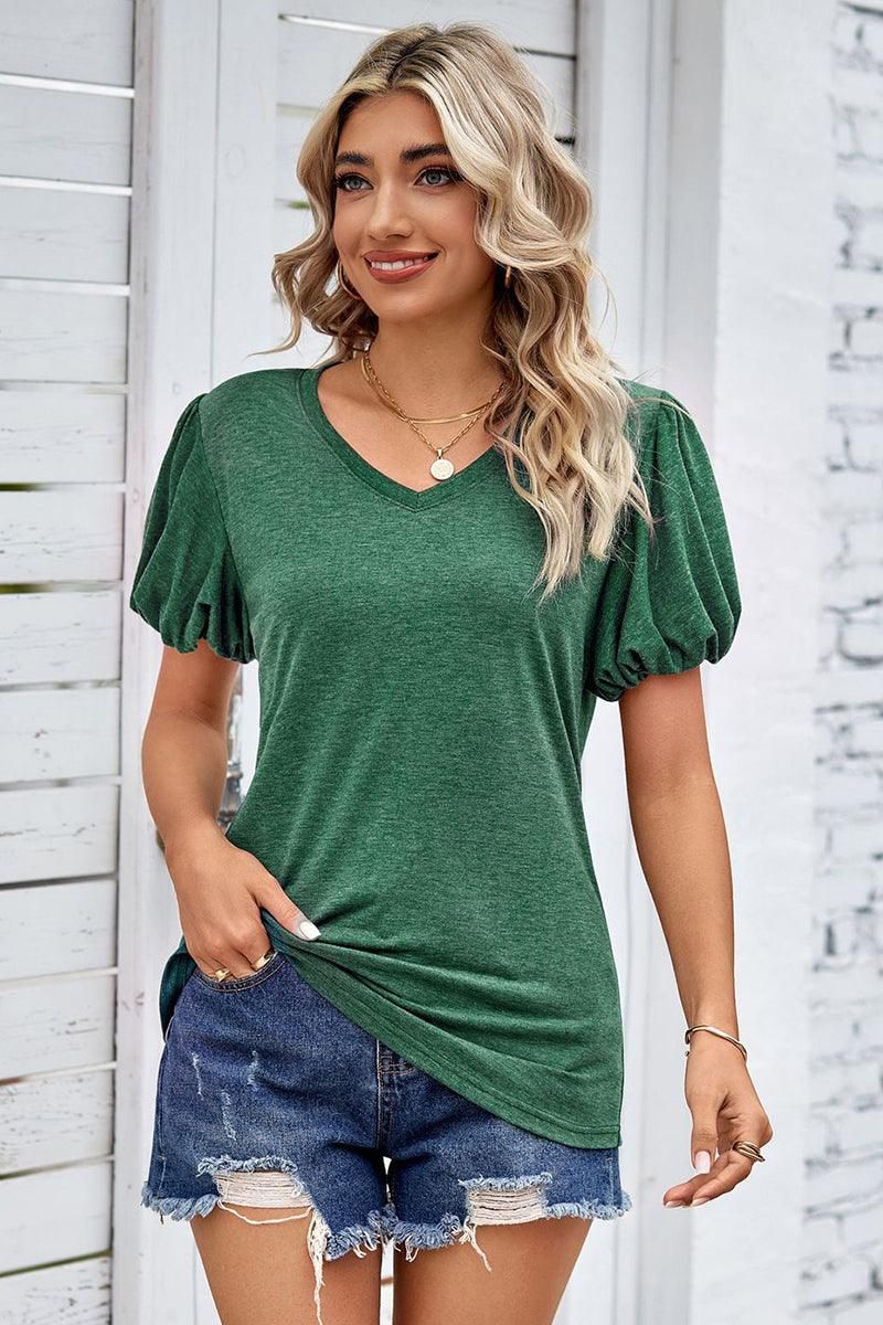 PUFF SLEEVED WOMEN BASIC T SHIRTS - Doublju