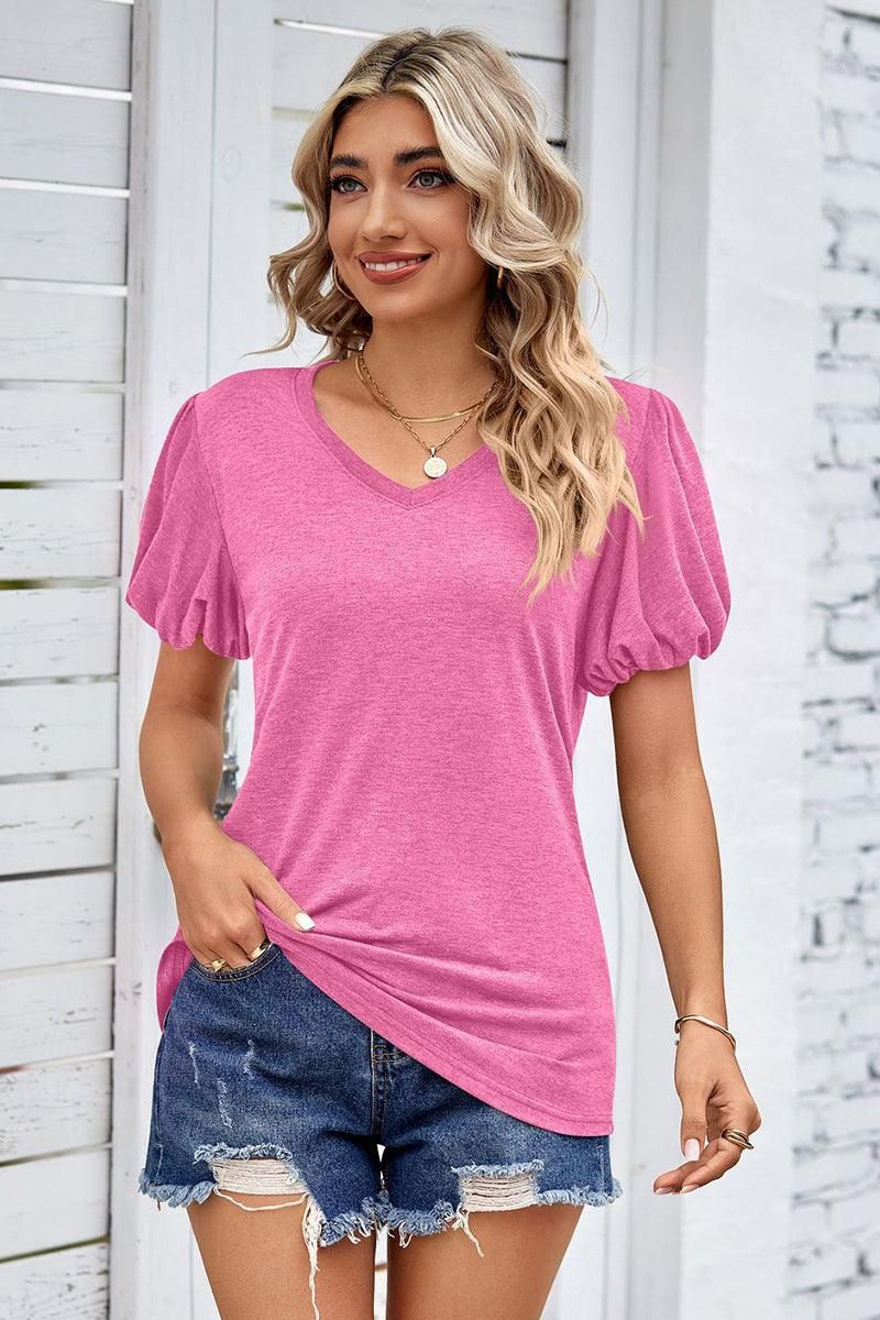 PUFF SLEEVED WOMEN BASIC T SHIRTS - Doublju