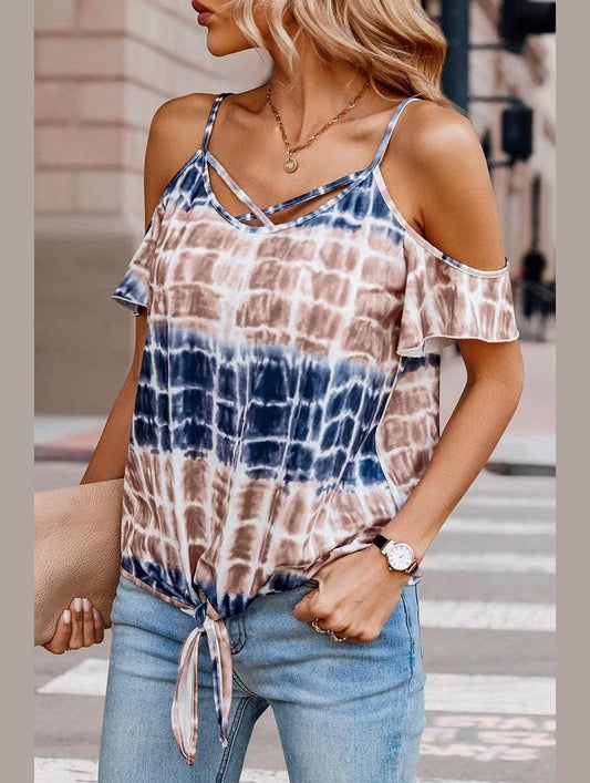 TIE DYED COLOR BLOCK SPAGHETTI STRAP T SHIR - Doublju