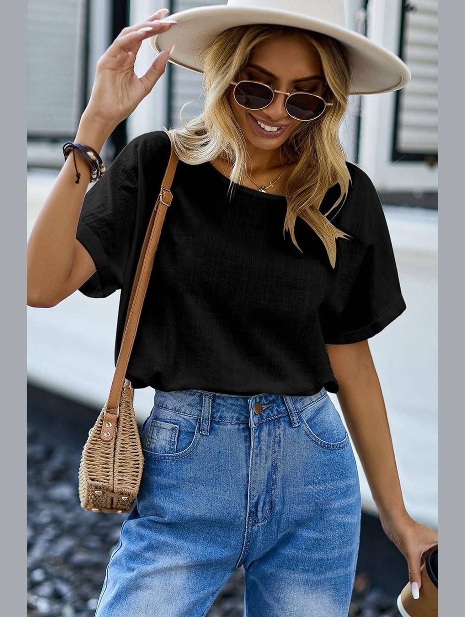 WOMEN BASIC ROLLED SLEEVE T SHIRT - Doublju