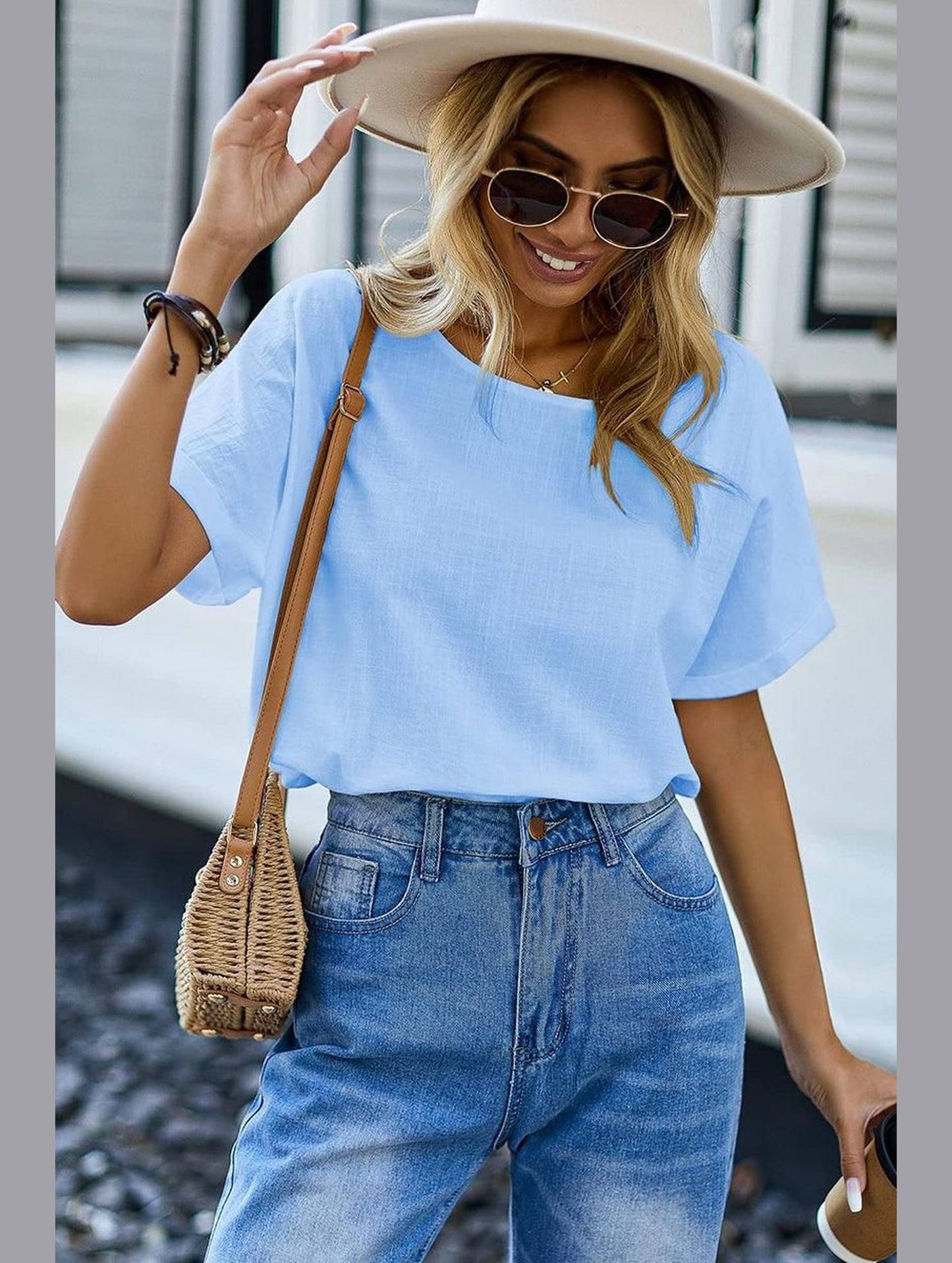 WOMEN BASIC ROLLED SLEEVE T SHIRT - Doublju