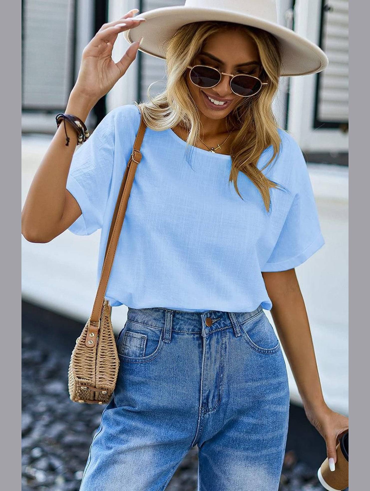 WOMEN BASIC ROLLED SLEEVE T SHIRT - Doublju