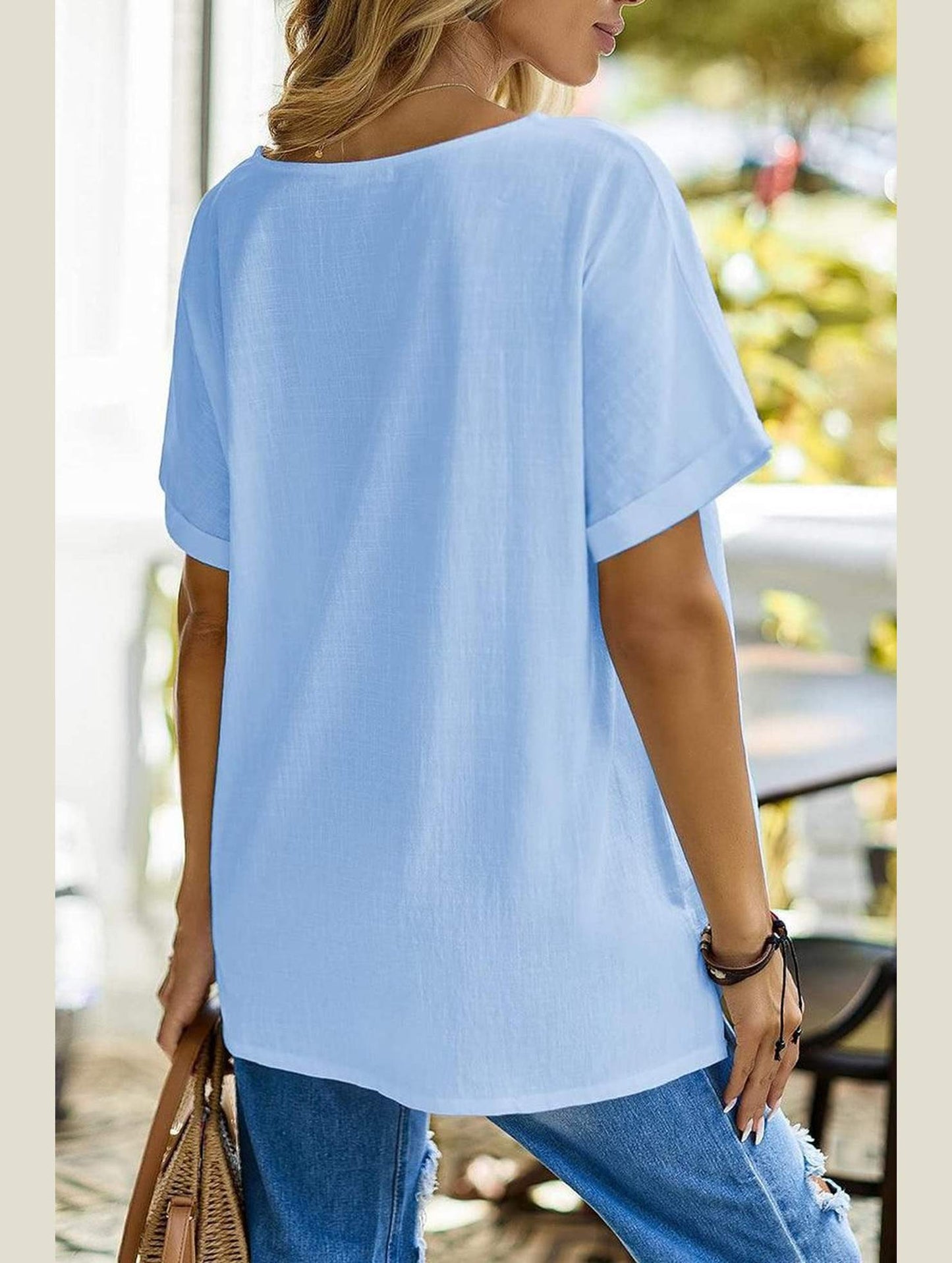 WOMEN BASIC ROLLED SLEEVE T SHIRT - Doublju