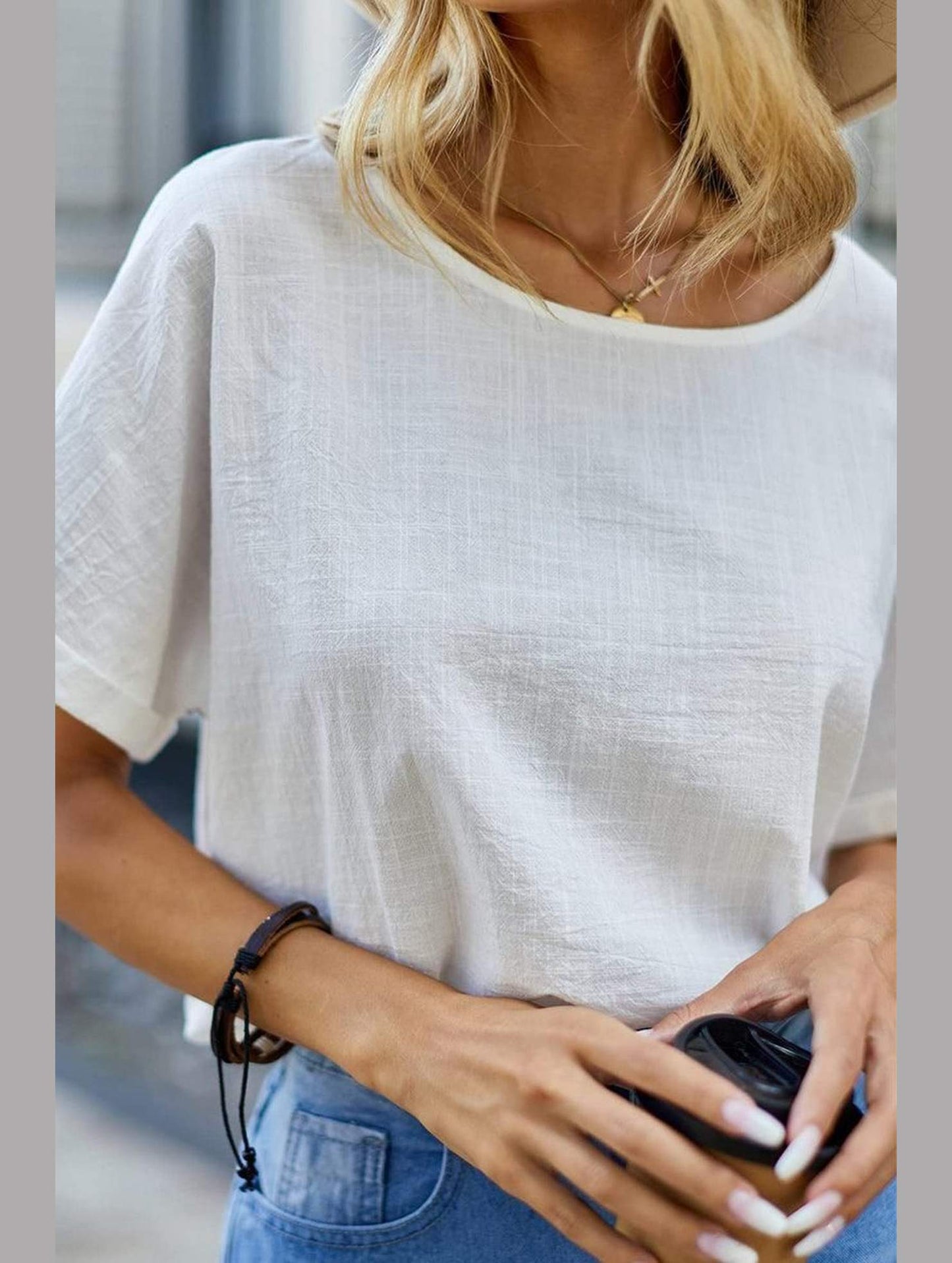 WOMEN BASIC ROLLED SLEEVE T SHIRT - Doublju