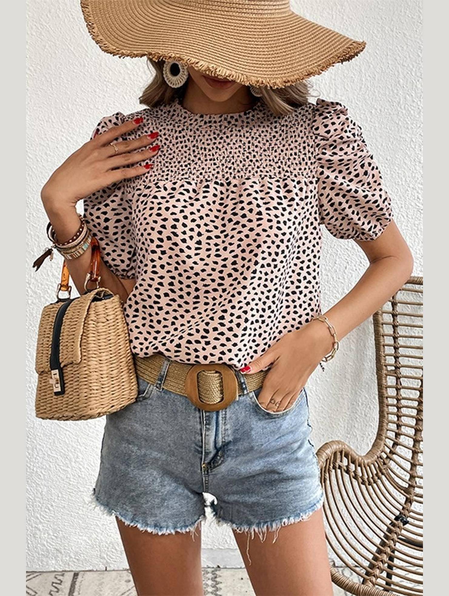 LEOPARD PRINTING SHORT PUFF SLEEVE WOMEN T SHIRT - Doublju
