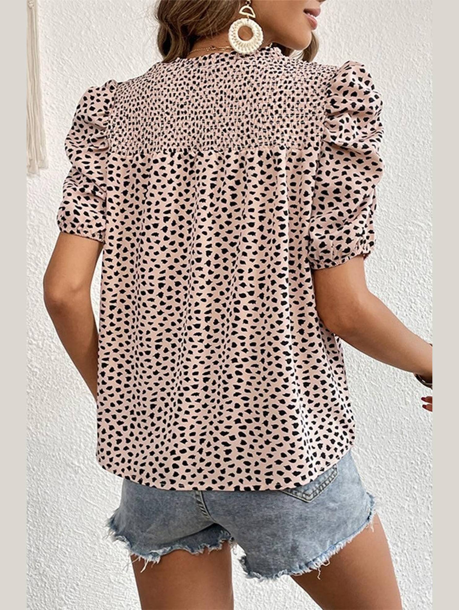 LEOPARD PRINTING SHORT PUFF SLEEVE WOMEN T SHIRT - Doublju