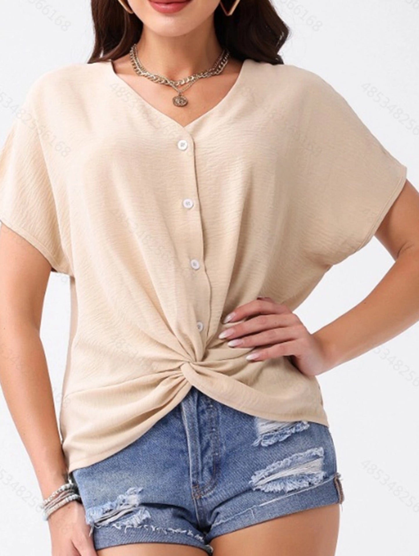 V-Neck Loose Fit Short Sleeve Button-Up T-Shirt ??Casual Women's Summer Top