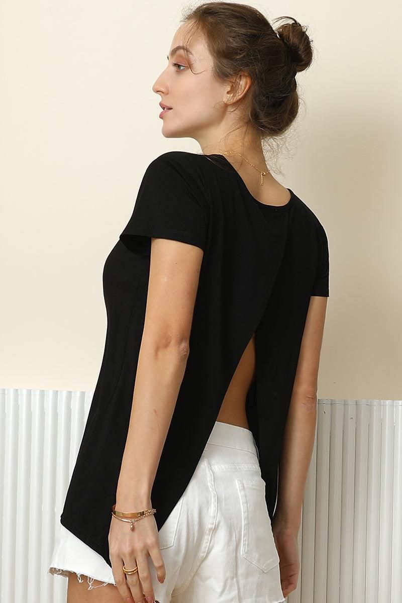ROUND NECK SOFT MODAL OPEN-BACK T SHIRT TOP - Doublju