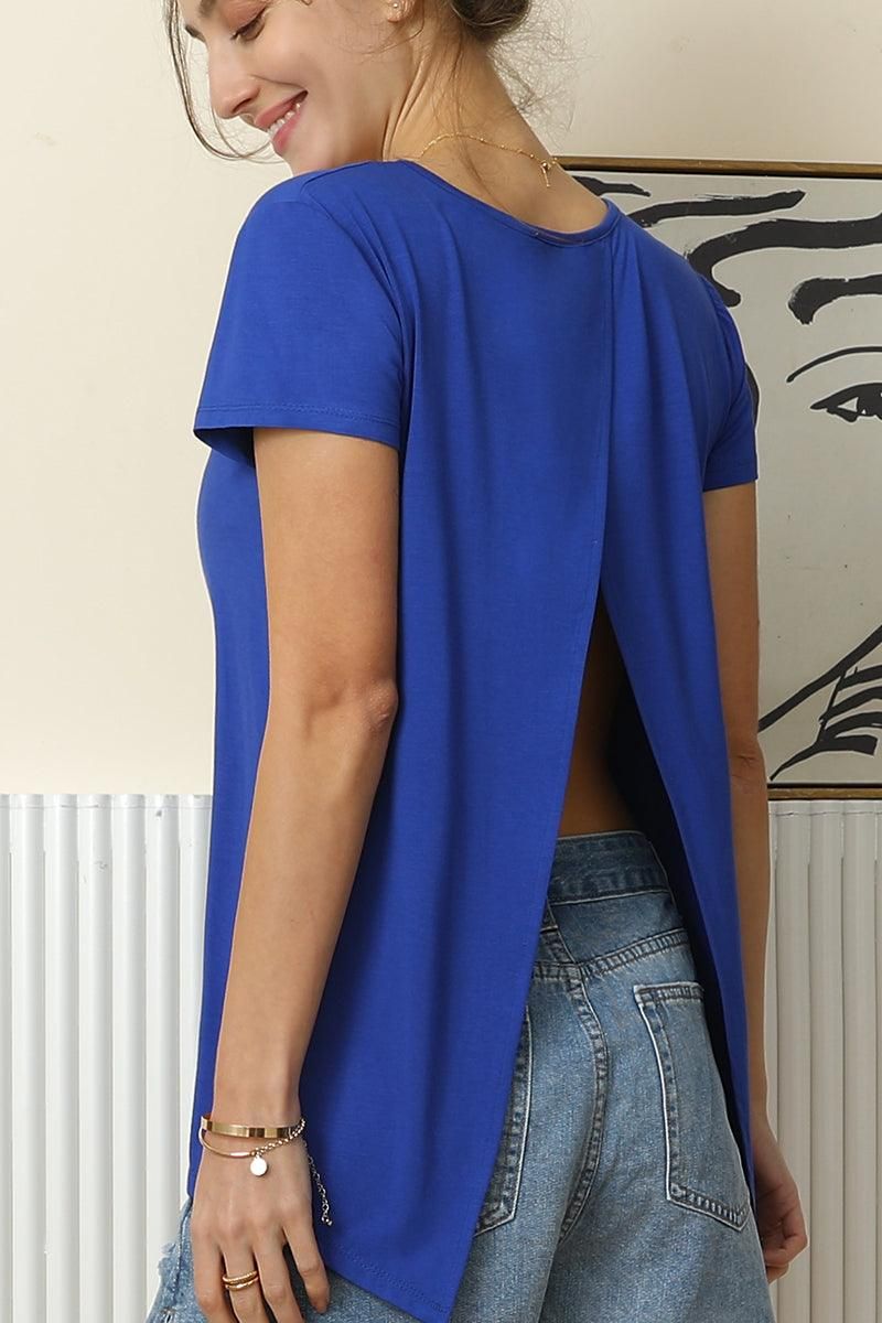 ROUND NECK SOFT MODAL OPEN-BACK T SHIRT TOP - Doublju