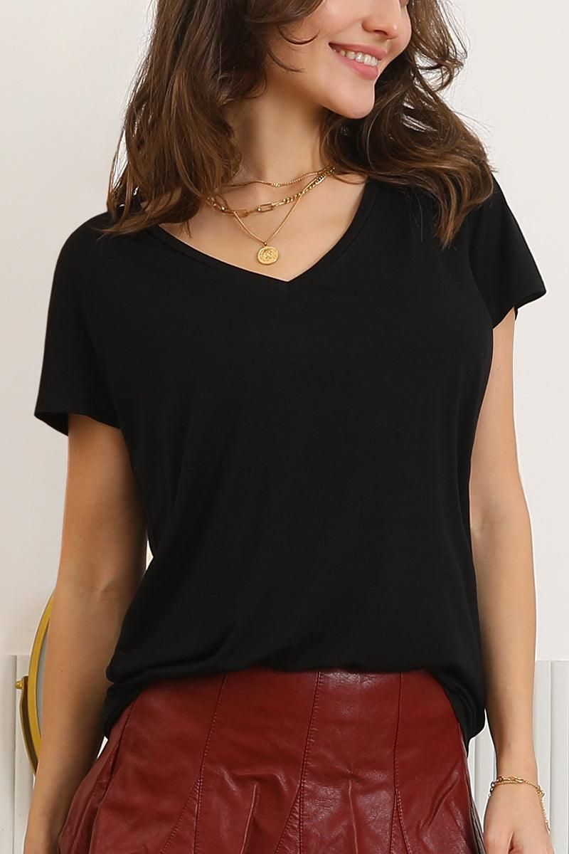 V NECK SOFT MODAL SHORT SLEEVE T SHIRT TOP - Doublju