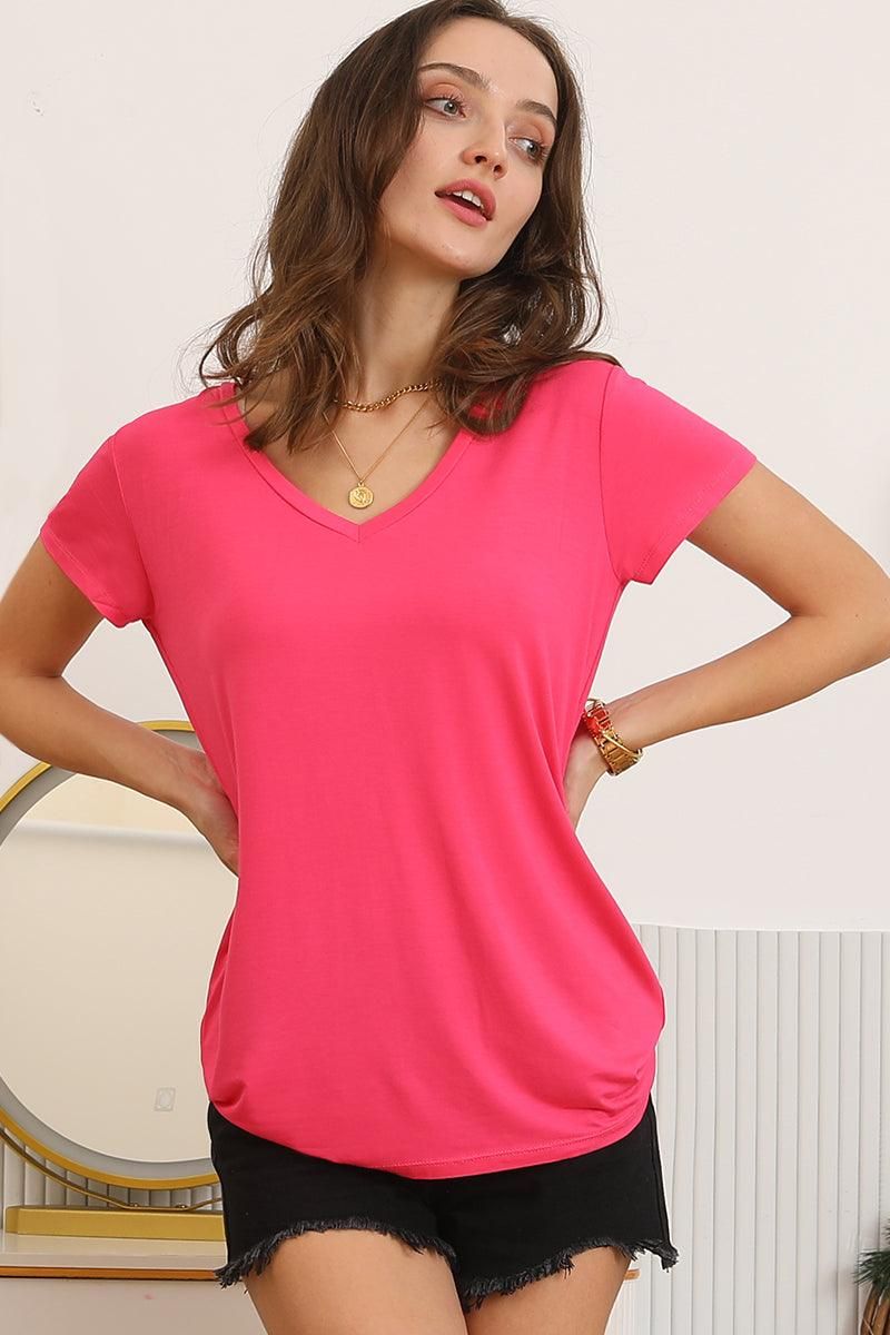 V NECK SOFT MODAL SHORT SLEEVE T SHIRT TOP - Doublju