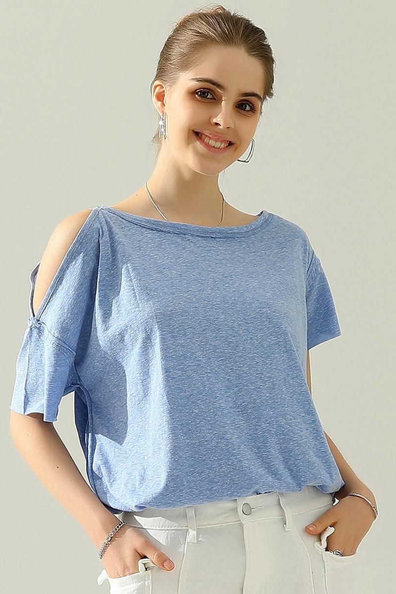 ROUND NECK RIGHT SHOULDER SLIT RAW CUT T SHIRT TOP - Doublju