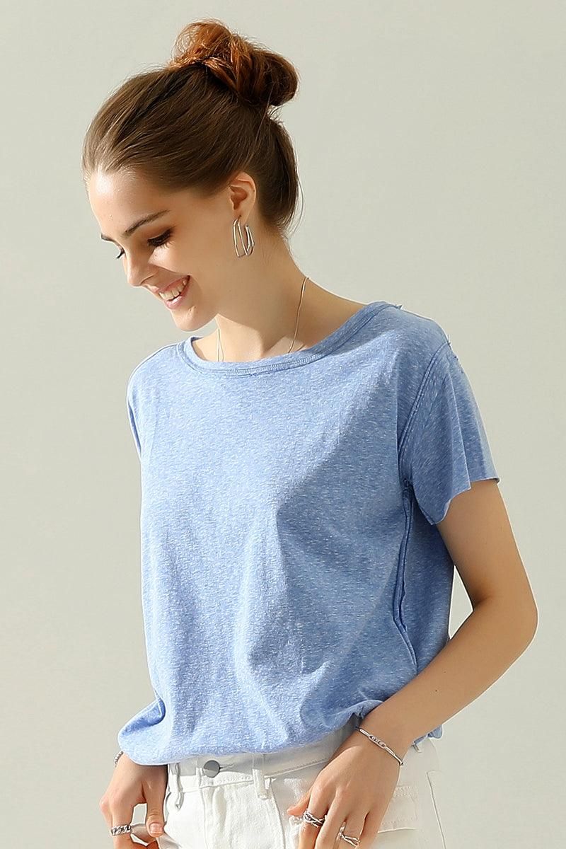 ROUND NECK RIGHT SHOULDER SLIT RAW CUT T SHIRT TOP - Doublju