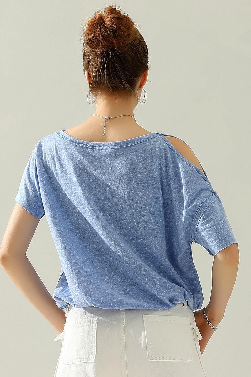 ROUND NECK RIGHT SHOULDER SLIT RAW CUT T SHIRT TOP - Doublju