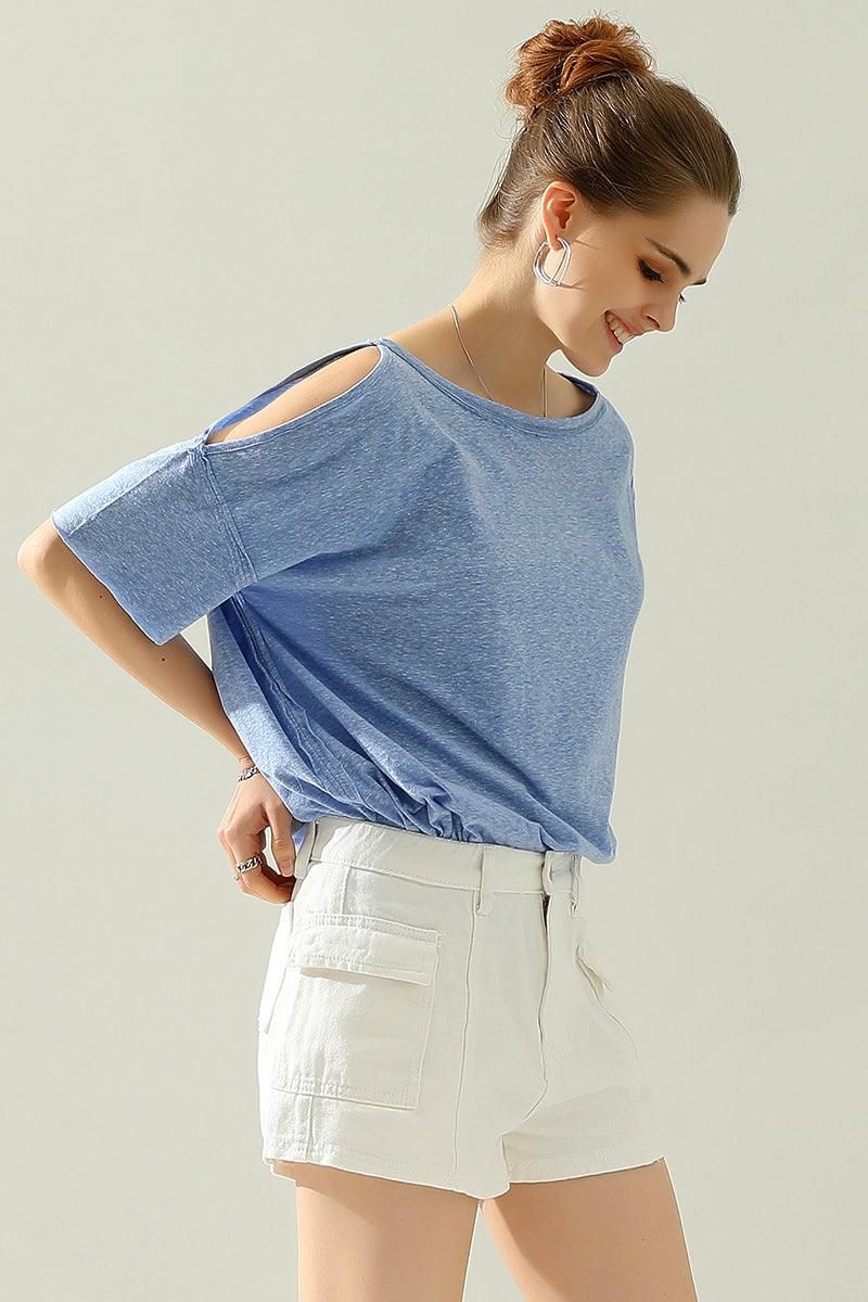ROUND NECK RIGHT SHOULDER SLIT RAW CUT T SHIRT TOP - Doublju