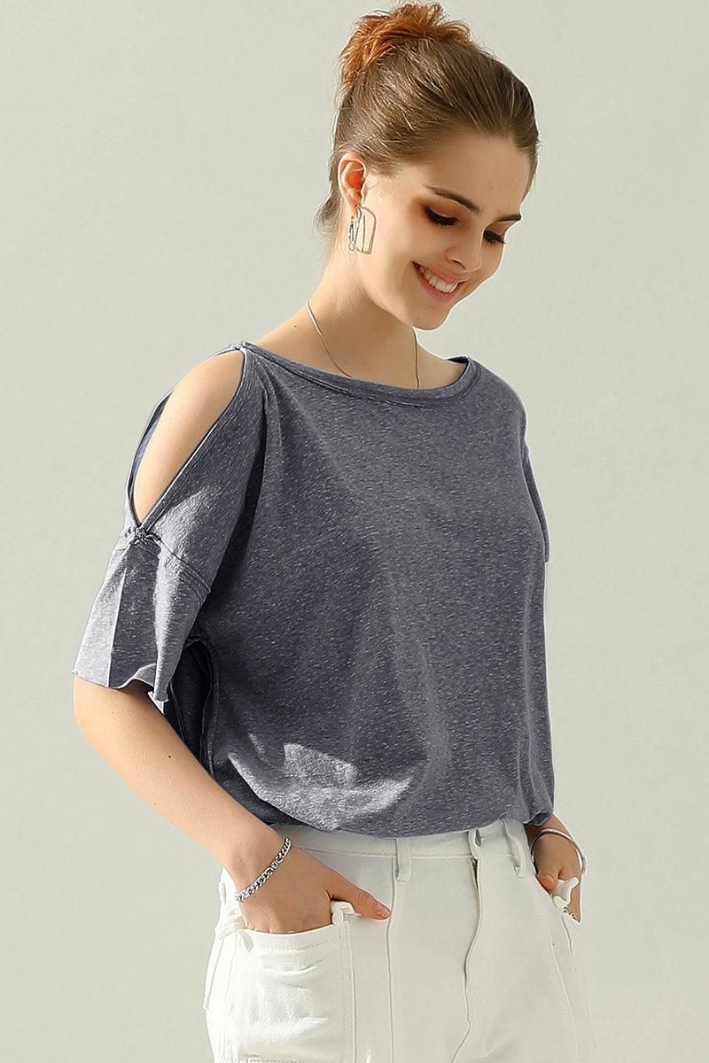 ROUND NECK RIGHT SHOULDER SLIT RAW CUT T SHIRT TOP - Doublju