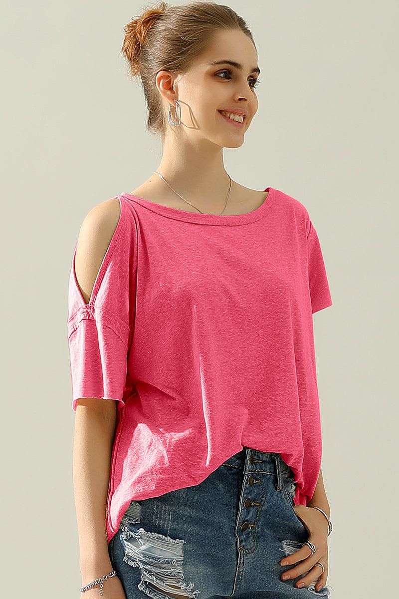 ROUND NECK RIGHT SHOULDER SLIT RAW CUT T SHIRT TOP - Doublju