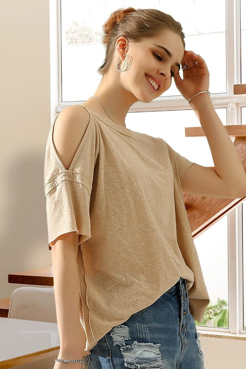 ROUND NECK RIGHT SHOULDER SLIT RAW CUT T SHIRT TOP - Doublju