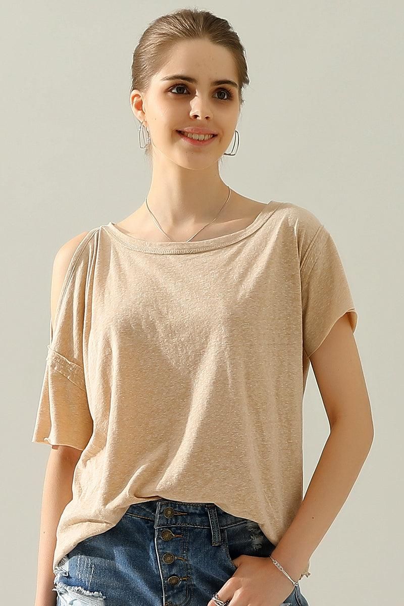 ROUND NECK RIGHT SHOULDER SLIT RAW CUT T SHIRT TOP - Doublju